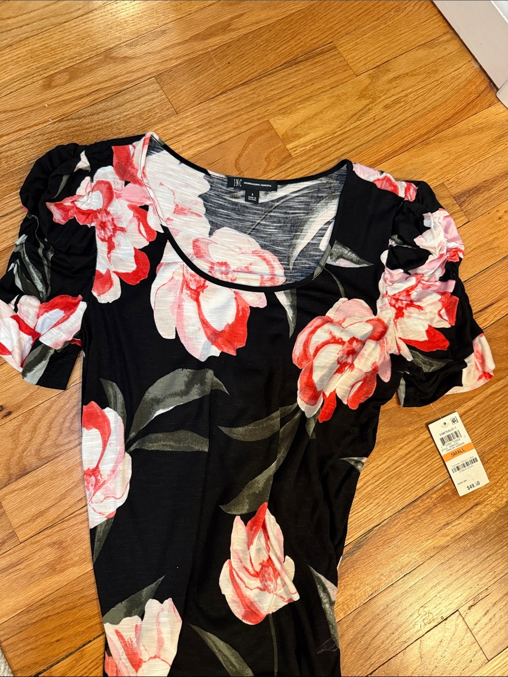 INC International Concepts Black Floral Scoop Neck Top with Pink & Red Blooms